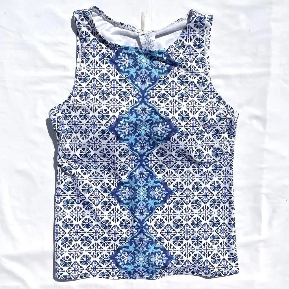 Lands' End Blue and White Tile-Print Tankini with Royal Blue Swim Shorts